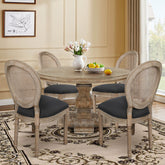 2 Pcs French Dining Chair Linen Fabric Upholstered Farmhouse Chairs with Oval Backrest, Vintage Solid Wood